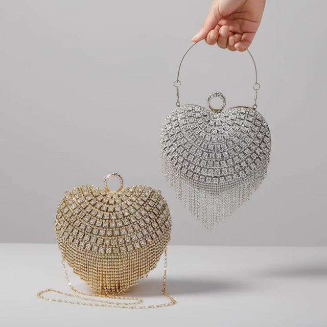 Heart-Shaped Evening Clutch Bag with Rhinestones and Tassel Details Bags & Accessories Clutch Bags