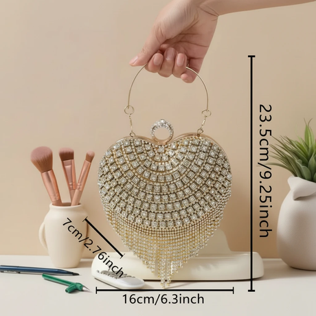 Heart-Shaped Evening Clutch Bag with Rhinestones and Tassel Details Bags & Accessories Clutch Bags