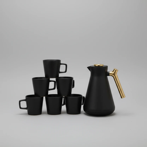 7pc All Black Breakfast Combo Set - 1L Flask & 6 Ceramic Mugs Kitchen & Dining Coffee Sets