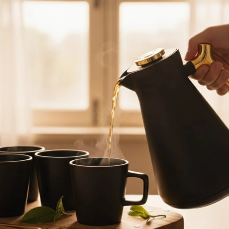 7pc All Black Breakfast Combo Set - 1L Flask & 6 Ceramic Mugs Kitchen & Dining Coffee Sets