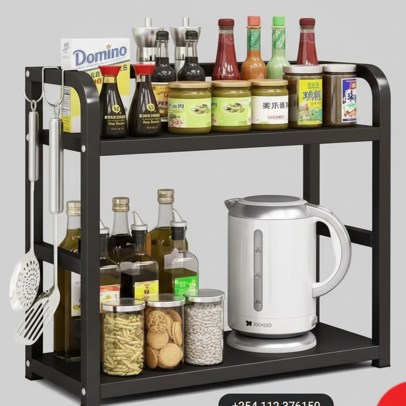 Kitchen Storage Rack - Black Wood & Metal 50x14x42cm