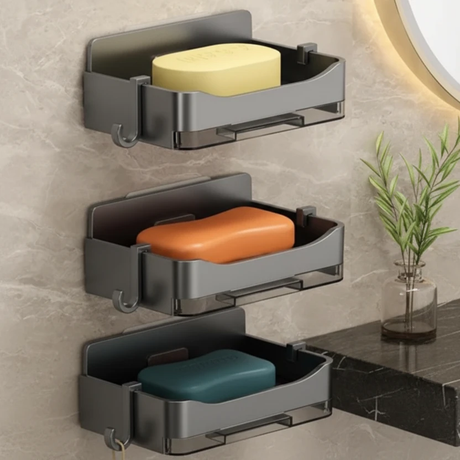3 pcs Cute Soap Holder with Hooks and Draining Tray - Black & Grey Home & Living Soap Dishes & Holders