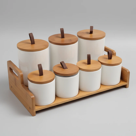 7pcs Ceramic Canisters Set with Bamboo Stand - 500ml & 300ml Kitchen & Dining Food Storage Containers