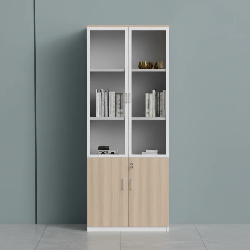 Bookshelf - Modern 120cm x 40cm x 200cm with Glass & Wood Doors (BFM-2L) Furniture Bookcases & Standing Shelves