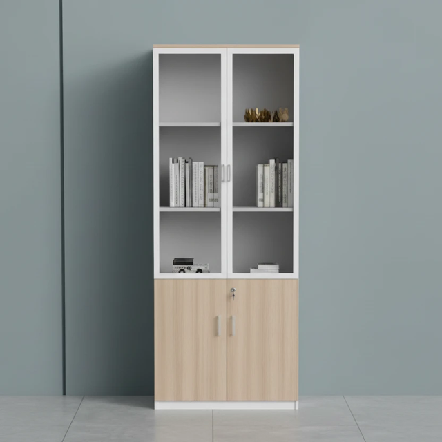 Bookshelf - Modern 120cm x 40cm x 200cm with Glass & Wood Doors (BFM-2L) Furniture Bookcases & Standing Shelves