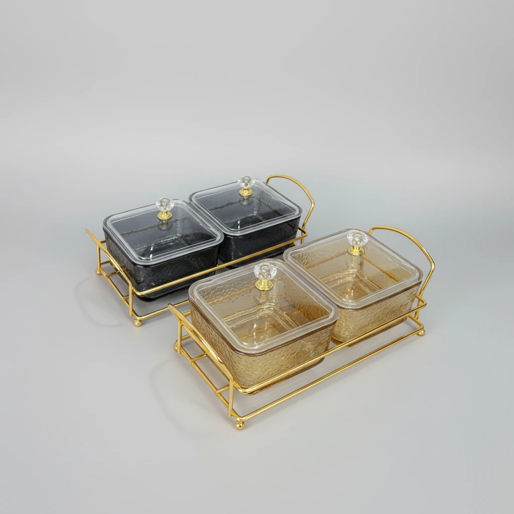 Sugar Dish Set - 2-in-1 Heavy Glass with Golden Frame (200ml) Kitchen & Dining Sugar Bowls & Creamers