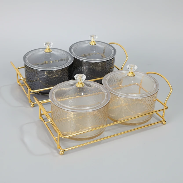 Sugar Dish Set - 2-in-1 Heavy Glass with Golden Frame (200ml) Kitchen & Dining Sugar Bowls & Creamers