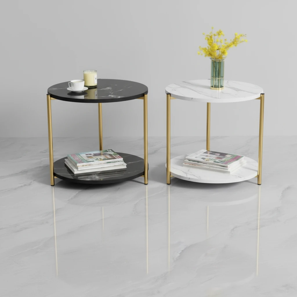 Side Stool - Marble Textured with Glass Top (40x40cm) Furniture End Tables