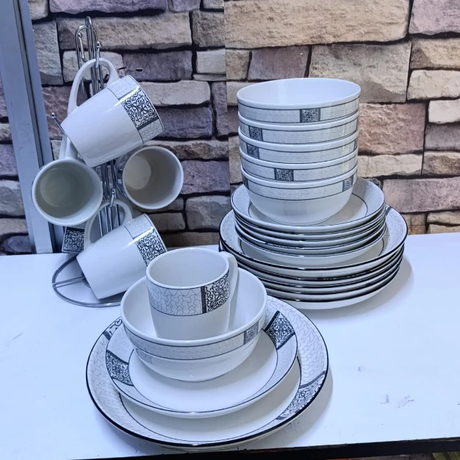 24 Piece Opal Dinnerset with Silver Trim Kitchen & Dining Dinnerware Sets