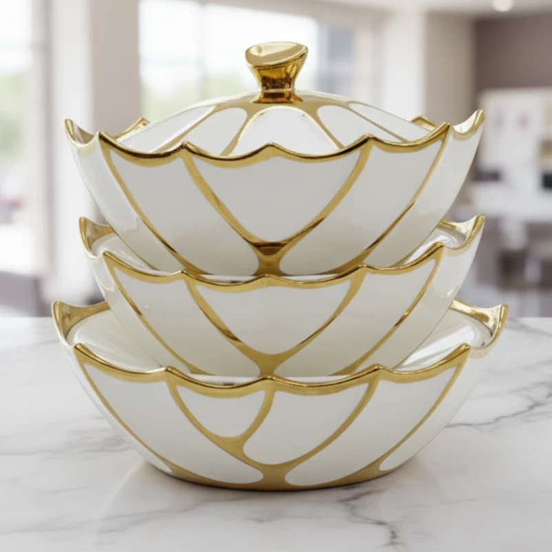 3 Piece Ceramic Oval Serving Bowls with Gold Trim Kitchen & Dining Serving Platters