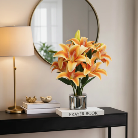 70cm Artificial Silk Lily Bouquet in Chrome Silver Metallic Vase Home Decor White Orange Pink Home & Garden Artificial Flowering Plants