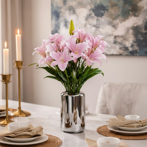 70cm Artificial Silk Lily Bouquet in Chrome Silver Metallic Vase Home Decor White Orange Pink Home & Garden Artificial Flowering Plants