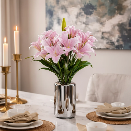 70cm Artificial Silk Lily Bouquet in Chrome Silver Metallic Vase Home Decor White Orange Pink Home & Garden Artificial Flowering Plants