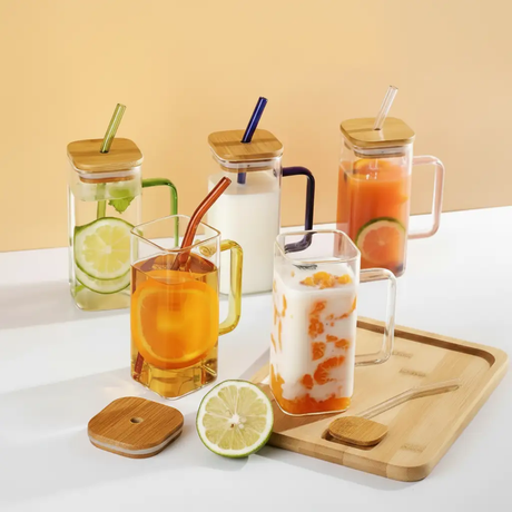 Glass Cup Set - Square 380ml Smoothie Cups with Handle Bamboo Lid Glass Straw Kitchen & Dining Tumblers