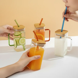 Glass Cup Set - Square 380ml Smoothie Cups with Handle Bamboo Lid Glass Straw Kitchen & Dining Tumblers
