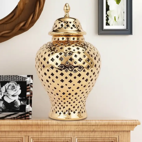Ginger Jar Vase - Large Luxurious Gold Ceramic Floral Relief with Lid Home Decor Vases