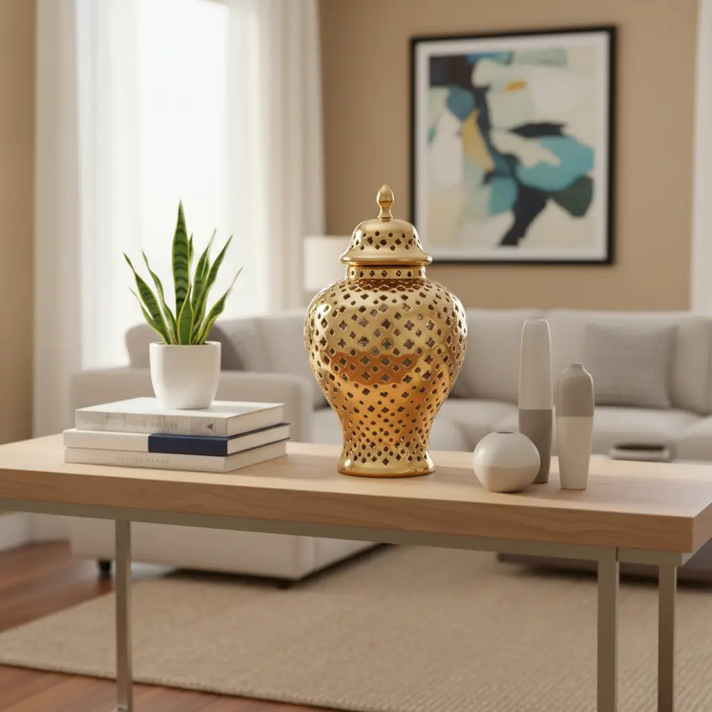 Ginger Jar Vase - Large Luxurious Gold Ceramic Floral Relief with Lid Home Decor Vases