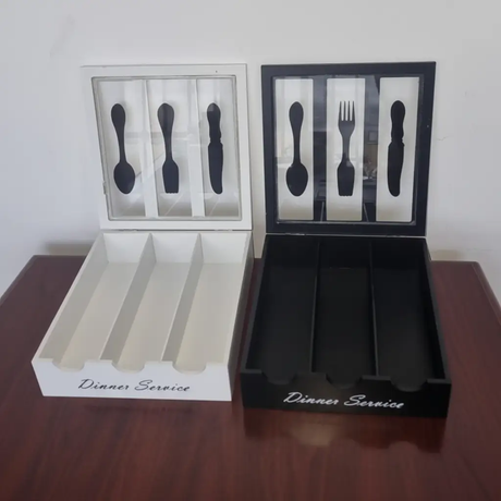 Cutlery Box - Dinner Service 3-Compartment with Glass Lid Kitchen & Dining Flatware Trays