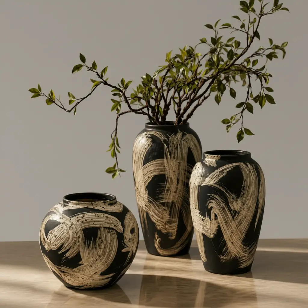 3 Piece Artistic Black And White Vase Set Ceramic Hand Painted Graduated Vases Home & Garden Vases