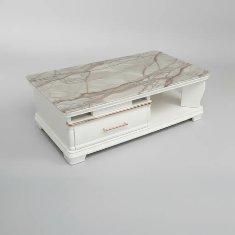 Coffee Table - Green Marble Effect Top 1-Drawer with Silver Edge and Open Shelf Furniture Coffee Tables