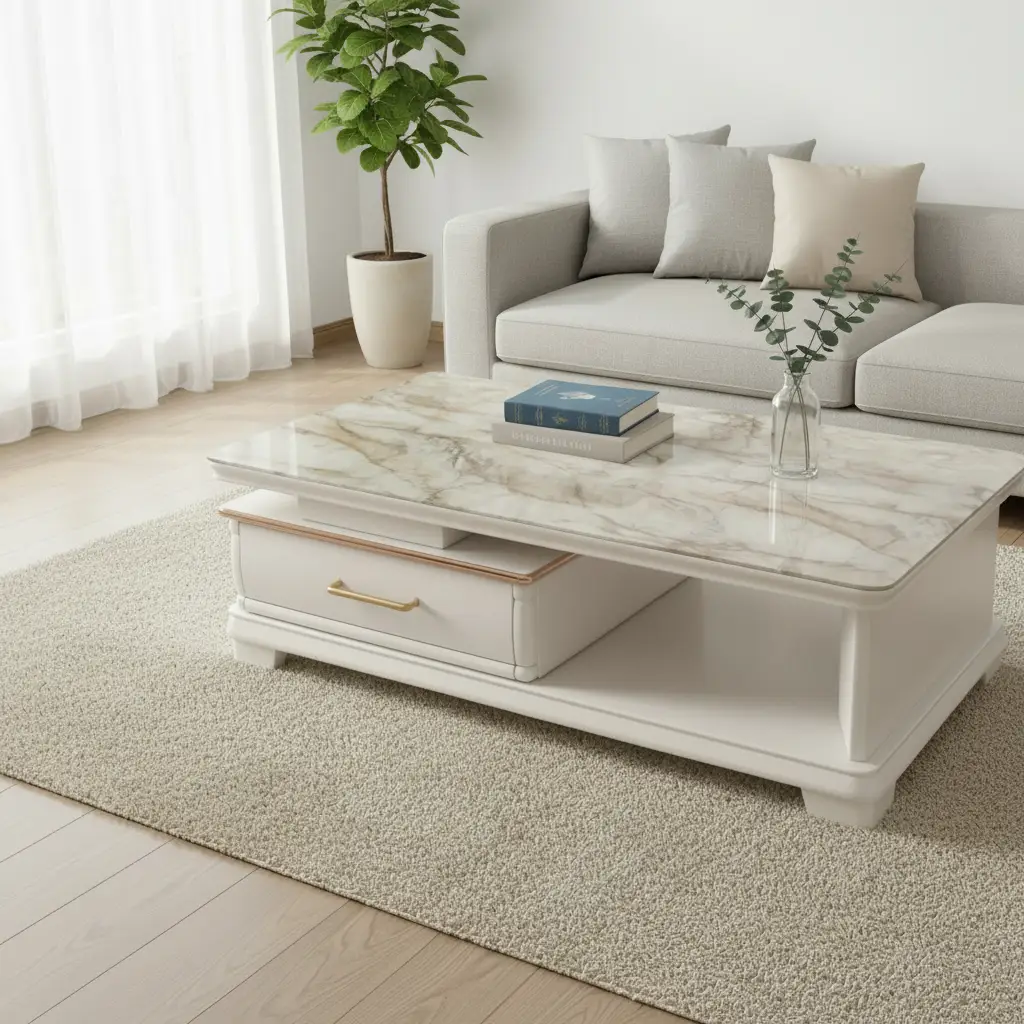 Coffee Table - Green Marble Effect Top 1-Drawer with Silver Edge and Open Shelf Furniture Coffee Tables