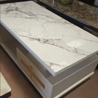 Coffee Table - White Sintered Stone Lift-Top with Gold Bar Handles and Castors White Furniture Coffee Tables