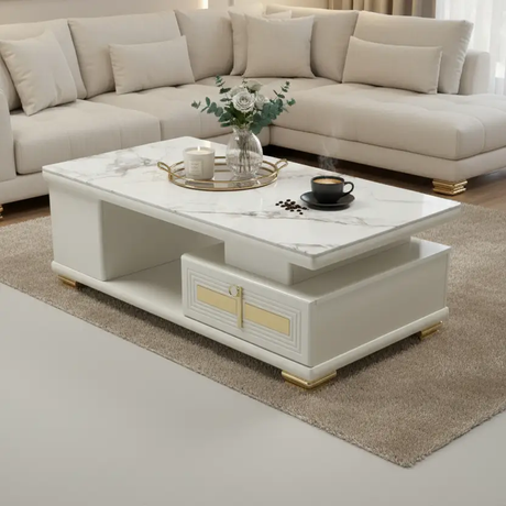 Coffee Table - White Sintered Stone Lift-Top with Gold Bar Handles and Castors White Furniture Coffee Tables