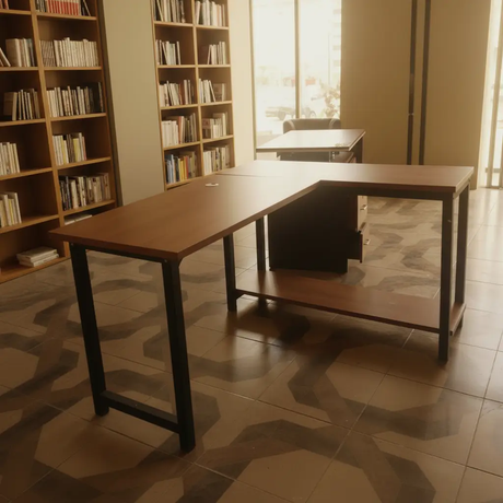 L-Shaped Corner Desk with Cable Port & Black Metal Legs Office Desk Desks