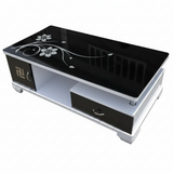 Gloss Black Floral Glass Coffee Table with Cabinet & Drawer Coffee Table Coffee Tables