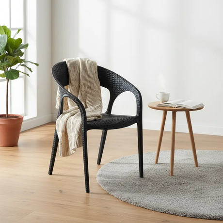 Rattan-Effect Plastic Armchair - Black Outdoor Chair Outdoor Dining Chairs