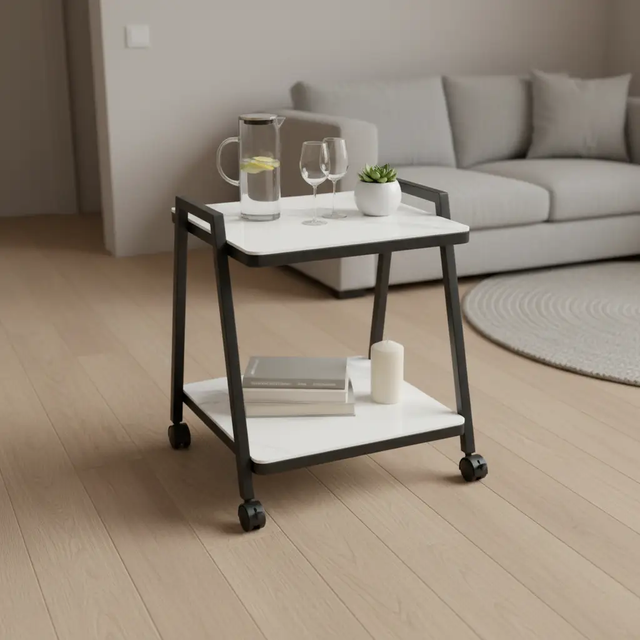 2-Tier Marble-Effect Rolling Trolley Table Side Table Utility & Storage Carts