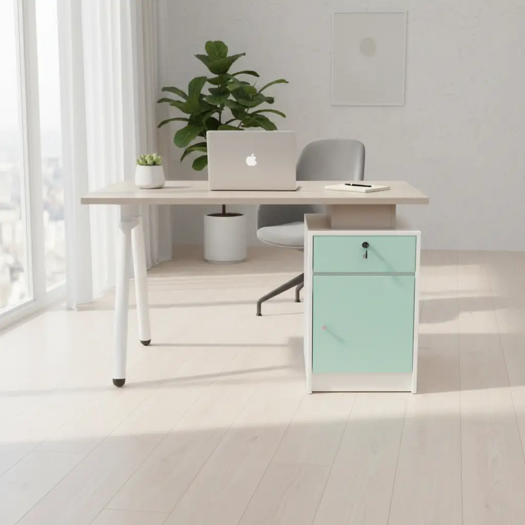 1.2m Office Desk with Teal Pedestal & Cable Port Office Desk Computer Desks