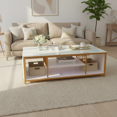 Marble-Effect Coffee Table with Gold Frame & Shelf Coffee Table Coffee Tables