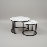 Round Marble-Effect Nesting Coffee Table Set - Black Frame Coffee Table Coffee Tables