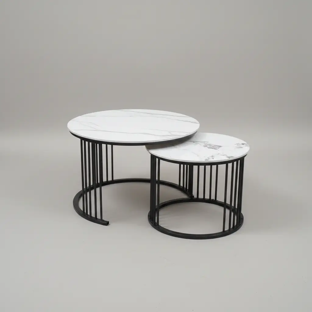 Round Marble-Effect Nesting Coffee Table Set - Black Frame Coffee Table Coffee Tables