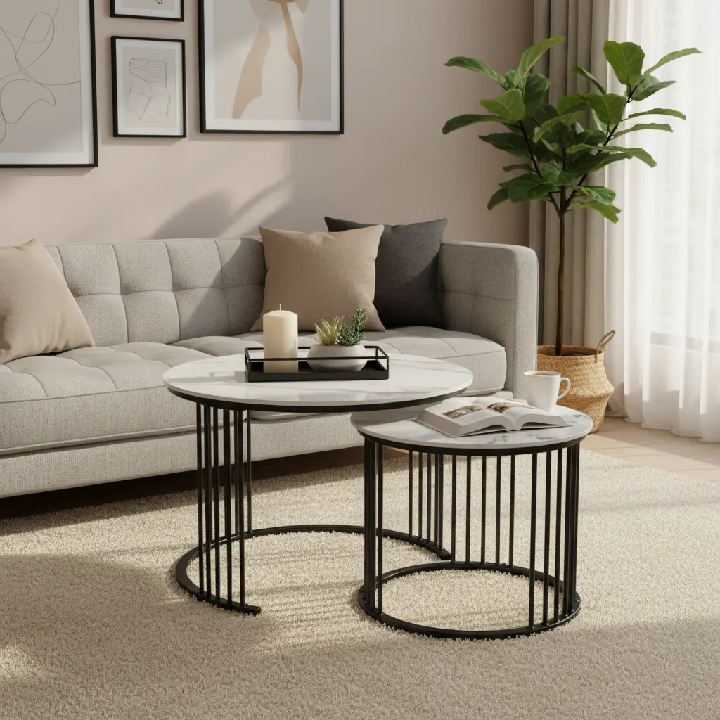 Round Marble-Effect Nesting Coffee Table Set - Black Frame Coffee Table Coffee Tables