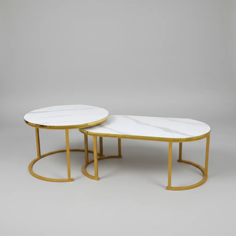 Oval Marble-Effect Nesting Coffee Table Set - Gold Frame Coffee Table Coffee Tables