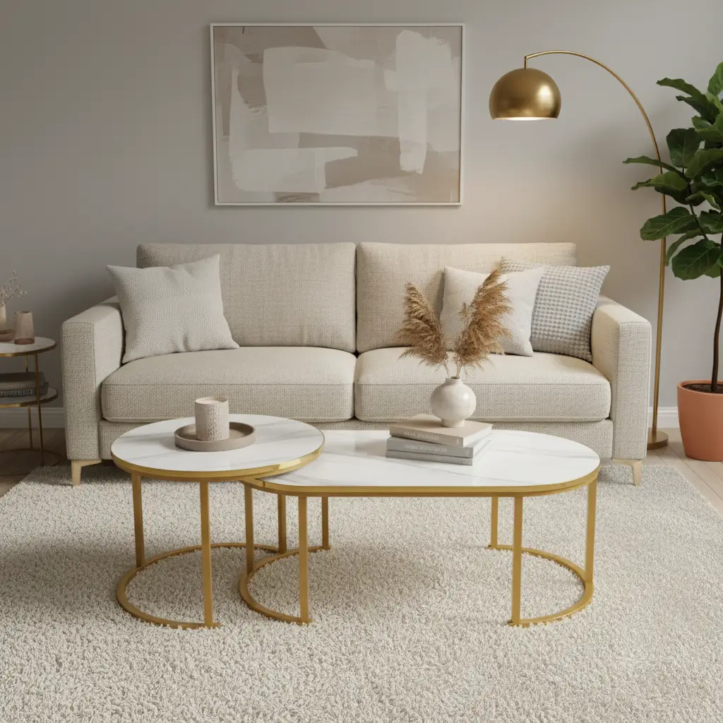 Oval Marble-Effect Nesting Coffee Table Set - Gold Frame Coffee Table Coffee Tables