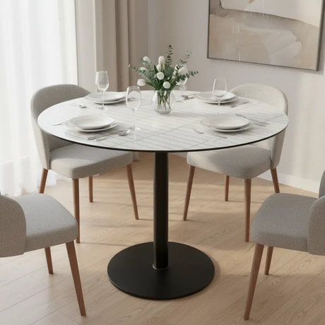 Round Grid-Pattern Dining Table - Black Pedestal (80cm) Dining Table Dining Tables