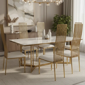 High-Back Gold Slat Dining Chair - White PU Seat Dining Chair Dining Chairs