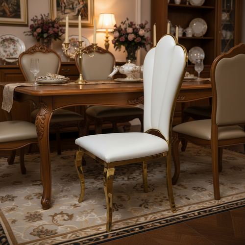 Leaf Fan-Back Luxury Dining Chair set of 4 - Gold & White Dining Chair Dining Chairs