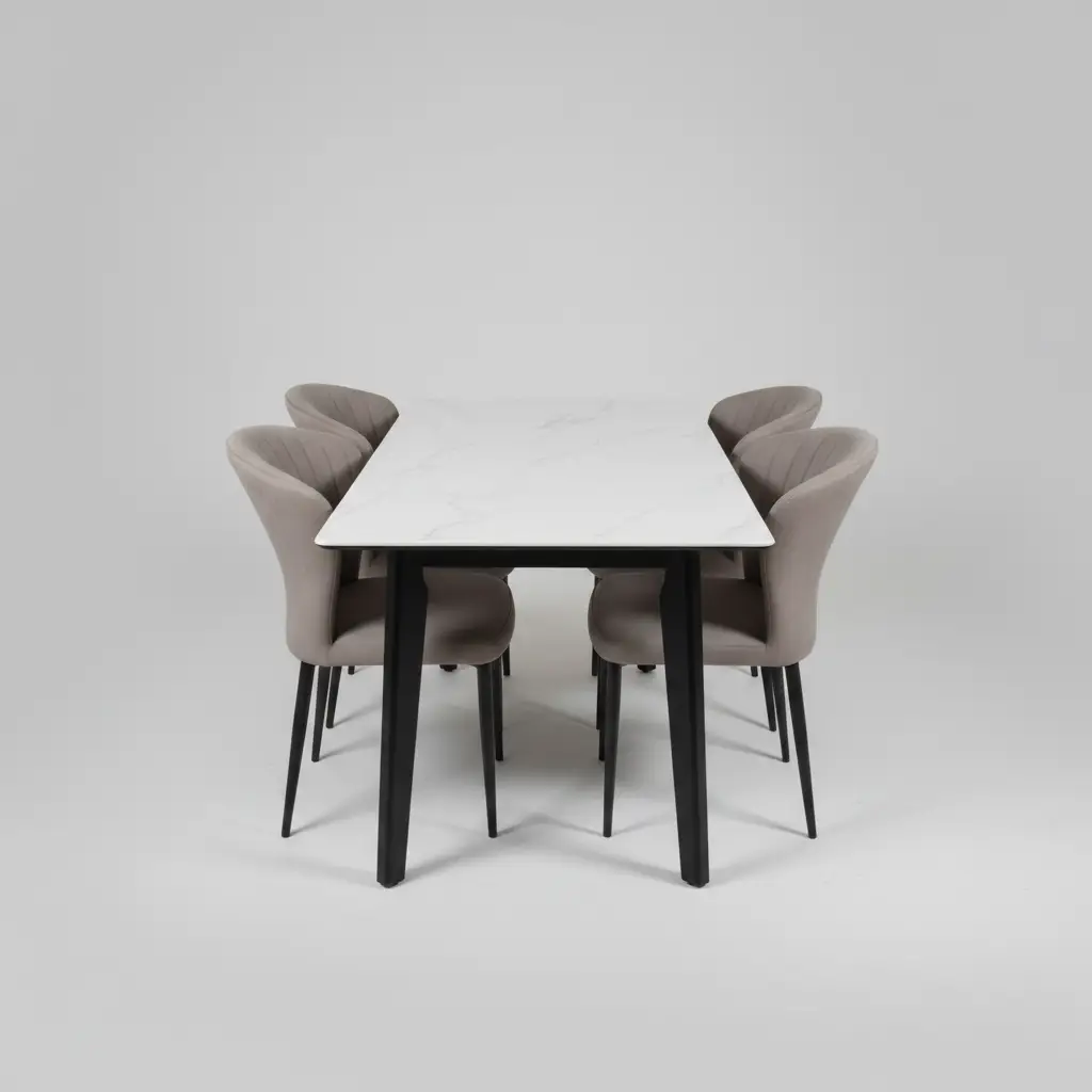 Marble-Top Dining Table & 6 Grey Velvet Chairs - Complete Set Dining Set Kitchen & Dining Furniture Sets