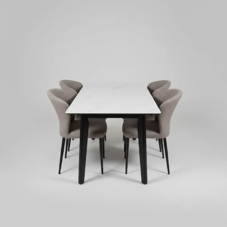 Marble-Top Dining Table & 6 Grey Velvet Chairs - Complete Set Dining Set Kitchen & Dining Furniture Sets