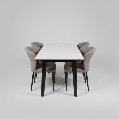 Marble-Top Dining Table & 6 Grey Velvet Chairs - Complete Set Dining Set Kitchen & Dining Furniture Sets