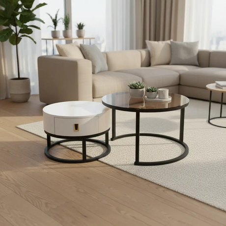 Round Nesting Coffee & Side Table Set - White & Smoked Glass Coffee Table Coffee Tables