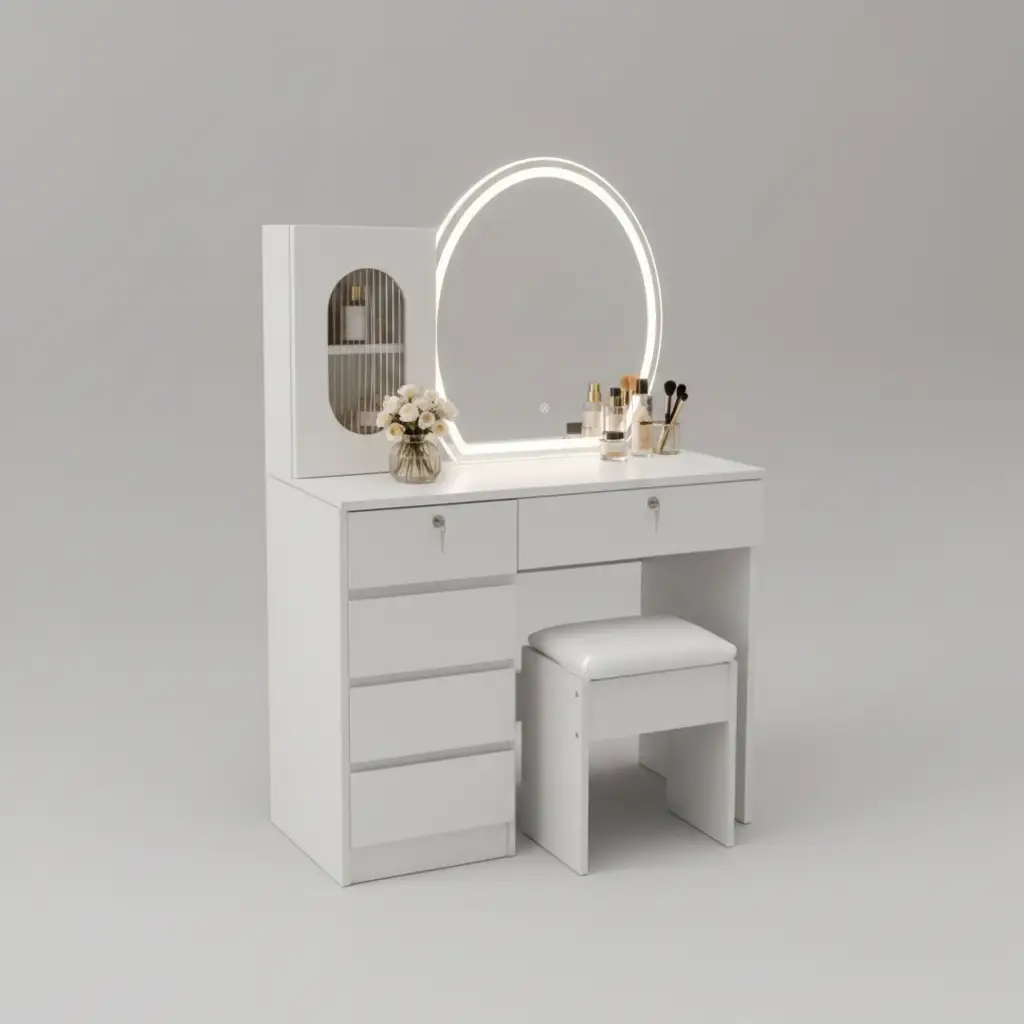 White Dressing Table with LED Mirror & Stool - 6 Drawers Dressing Table Dressing Tables