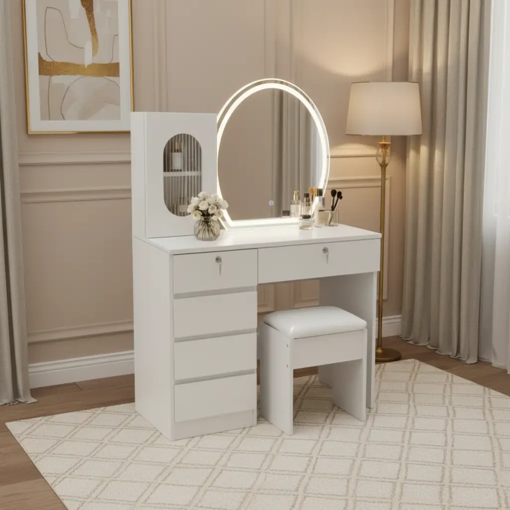 White Dressing Table with LED Mirror & Stool - 6 Drawers Dressing Table Dressing Tables