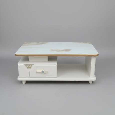 Marble-Top Coffee Table with Drawers & Shelf - White & Gold Coffee Table Coffee Tables