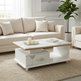 Marble-Top Coffee Table with Drawers & Shelf - White & Gold Coffee Table Coffee Tables