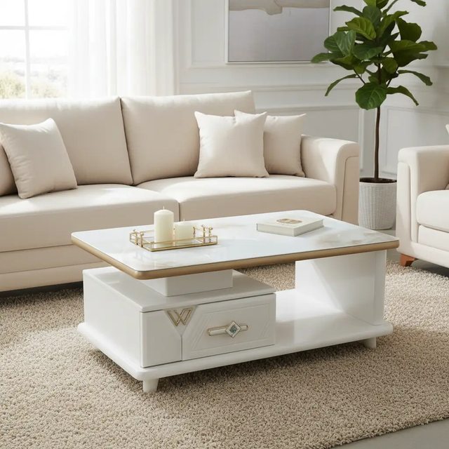 Marble-Top Coffee Table with Drawers & Shelf - White & Gold Coffee Table Coffee Tables